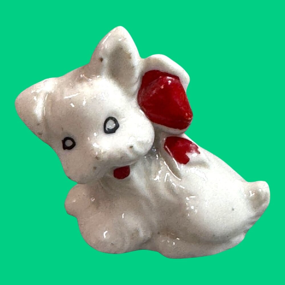 Vintage Miniature White Yorkie Terrier Mini Figurine Red Bow Japan Signed 2"